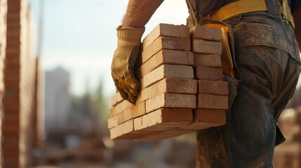 A construction worker carrying bricks at a building site. Featuring strength and teamwork
