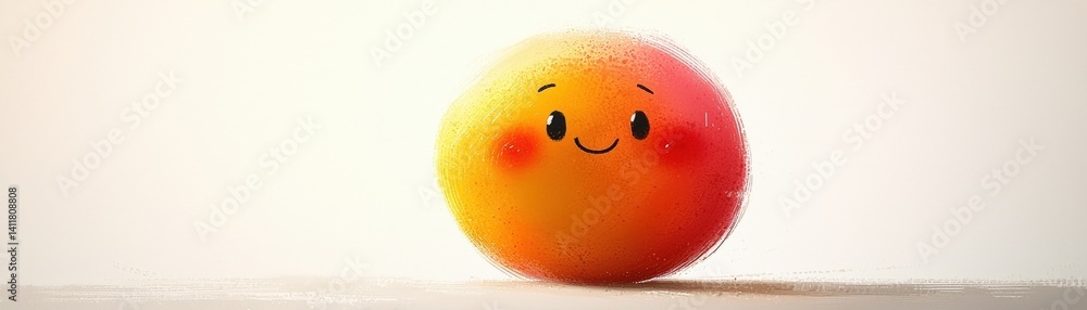 Poster cute cartoon peach character with smiling face and cheerful expression on soft background
