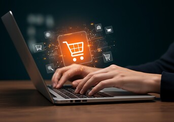 Obraz premium Online shopping is visually conveyed through hands interacting with a laptop and a glowing shopping cart icon with digital e-commerce symbols