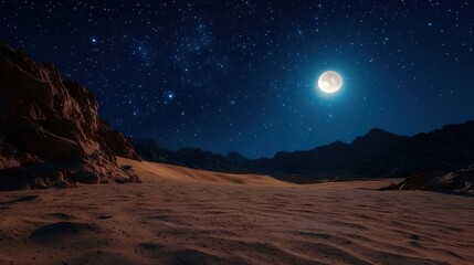 Starry Desert Night Landscape with Full Moon