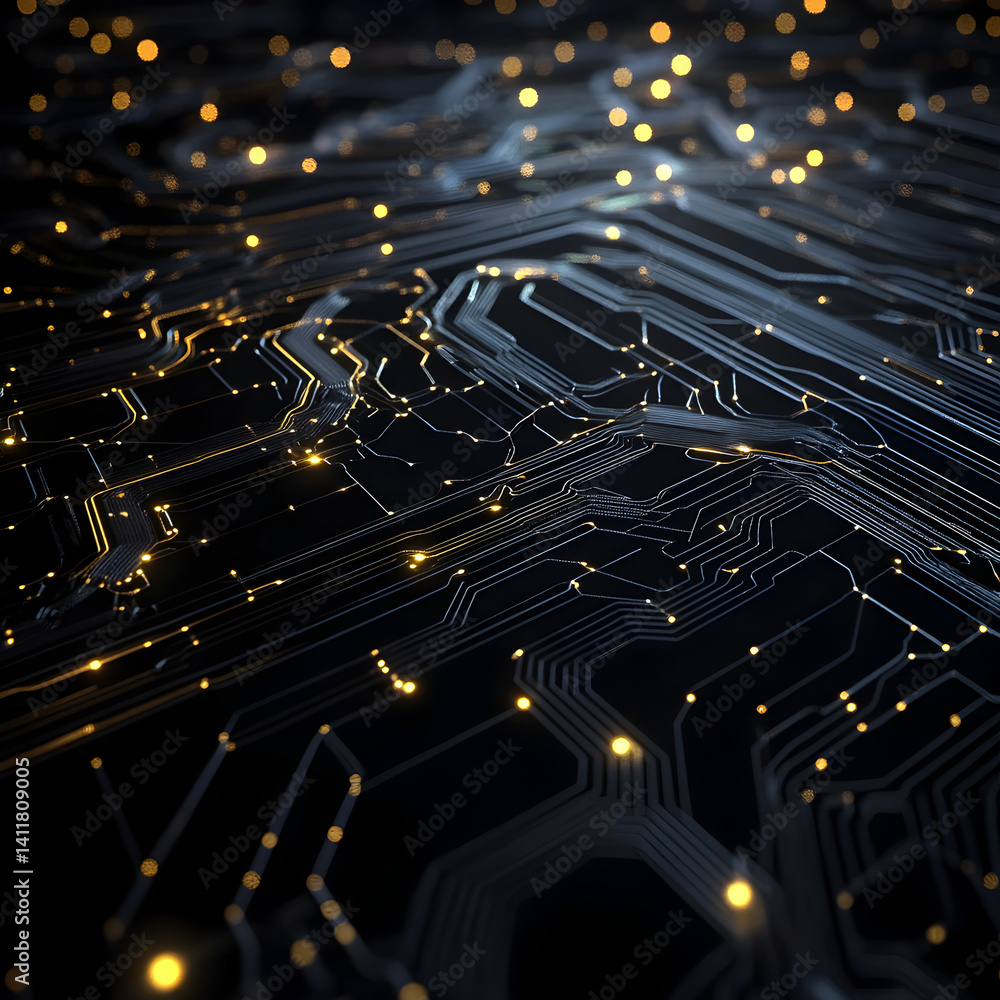 Poster circuit board glow: abstract close-up of a circuit board with glowing golden pathways, representing 