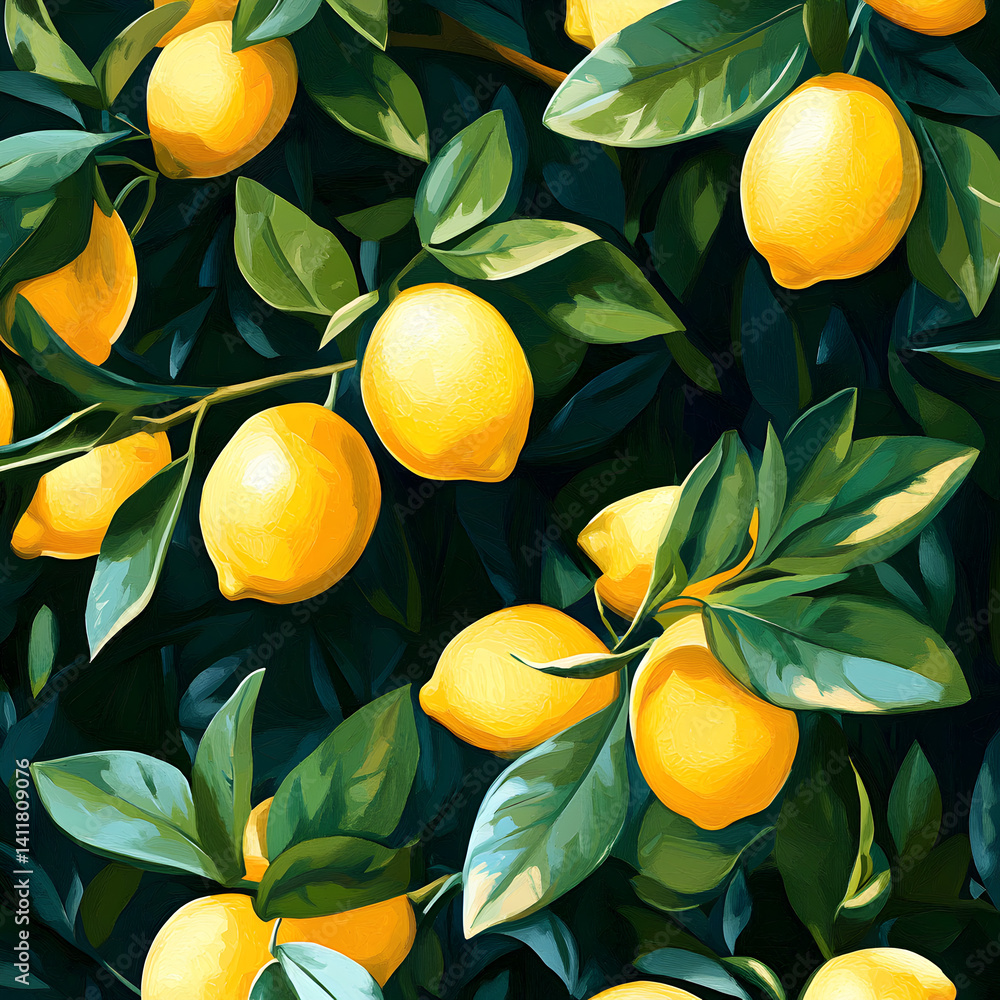Aufkleber lemon tree's citrus symphony: a vibrant artistic rendering captures the lushness of a lemon tree in 