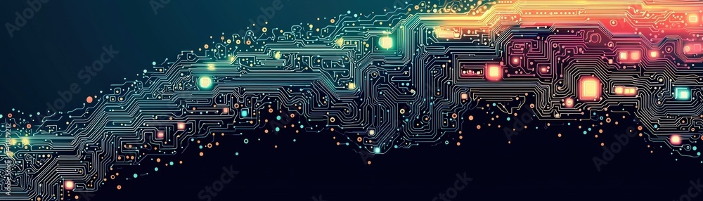 Poster abstract close-up of colorful circuit board design with glowing elements and dark background