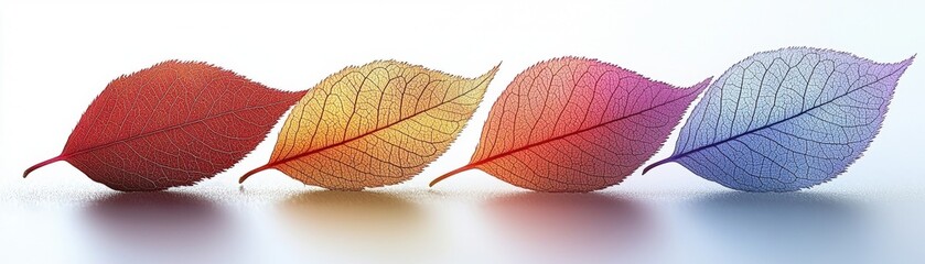 Obraz premium Colorful Gradient Leaves Displaying Vibrant Hues from Red to Purple on a Soft Background Surface