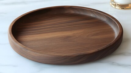 Obraz premium Round Walnut Wood Tray, Empty Wooden Serving Plate, Home Decor