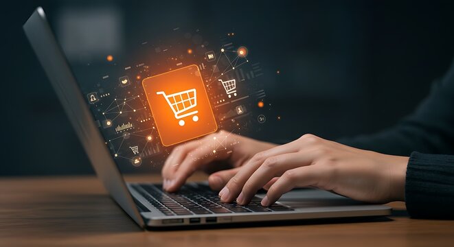 Hands typing on a laptop are central to this image representing online shopping, highlighted by a glowing shopping cart and digital icons