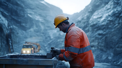 Mining worker setting up safety barriers around a lithium extraction site. Featuring safety measures