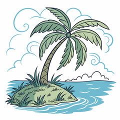 Obraz premium A palm tree on a small island surrounded by glowing blue water
