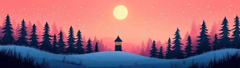 Fototapeta premium Serene Sunset Over Snowy Landscape with Silhouetted Trees and Watchtower Under Starry Sky