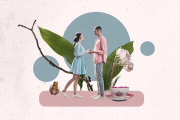 Art image creative photo collage of two happy girl guy couple hold hands stand spring wildflower...
