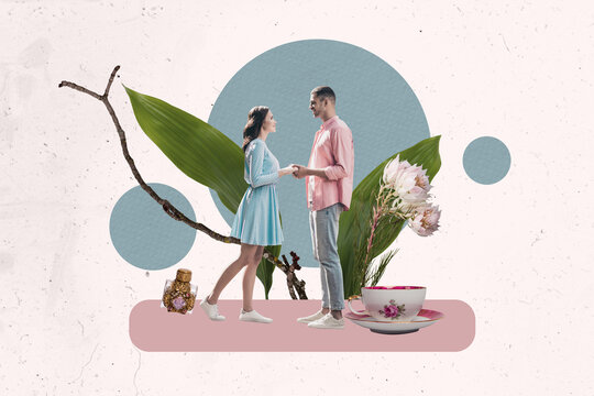 Art image creative photo collage of two happy girl guy couple hold hands stand spring wildflower bloom coffee cup break lovers - Powered by Adobe