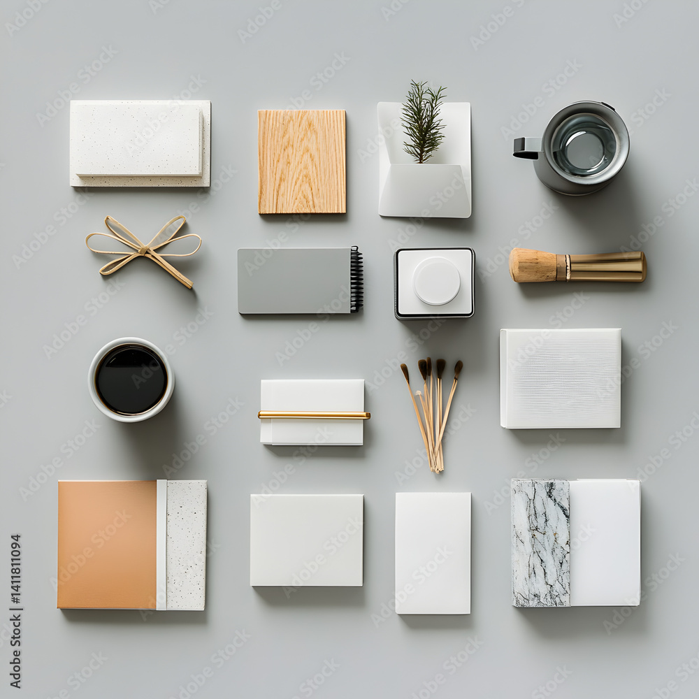 Poster minimalist arrangement: a collection of meticulously arranged objects, each exuding a unique texture
