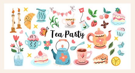 Hand drawn tea party collection with cute teapots, cups, cakes, and cozy details. Perfect for stickers, prints, postcards, and summer party designs. Vector illustration.