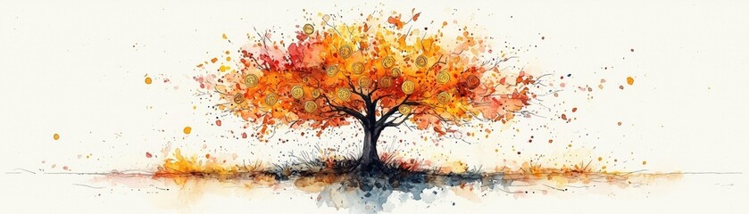 Vibrant Autumn Tree with Colorful Leaves Against a Soft Neutral Background in Watercolor Style