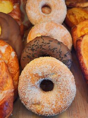 Donuts of different flavors for breakfast.