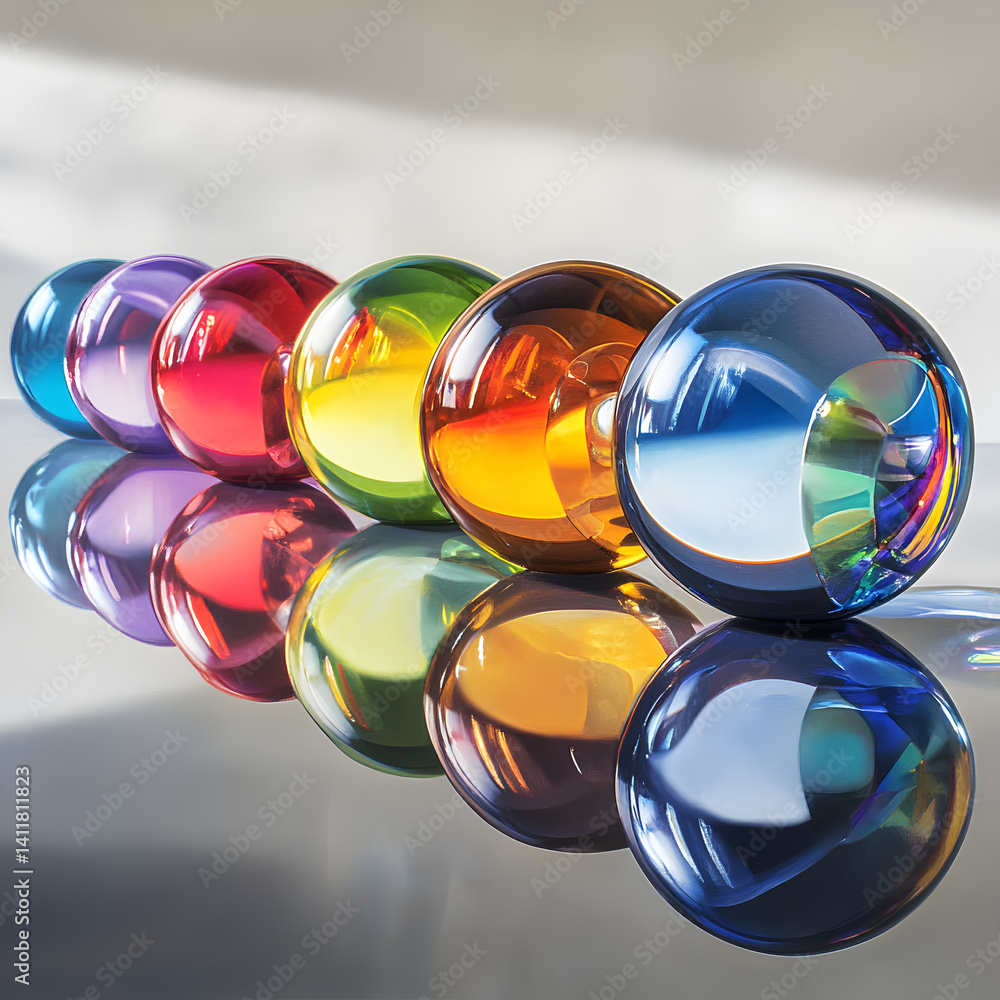 Poster chromatic spheres: a collection of vibrant, perfectly round spheres, each reflecting light and color
