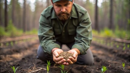 Man nurturing soil in a forest, focusing on growth and sustainability., Earth Day concept