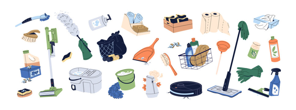 Set of cleaning equipment. Different supplies for cleanup. Housework kit, household tools: detergents, washing products, vacuum cleaner, mop. Flat isolated vector illustrations on white background