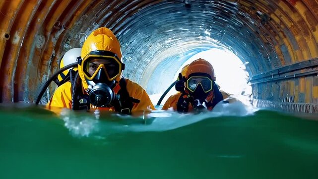 Two divers in yellow diving suits and gas masks in a tunnel