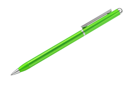 A vibrant green pen rests elegantly on a clean white surface, ready for creative expression and thoughts to flow freely isolated on transparent background