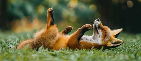 Obraz premium An adorable fox is relaxing and rolling in lush green grass