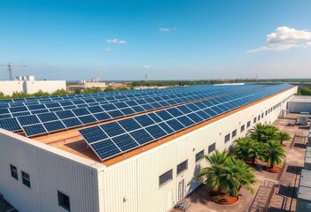 Flat solar panels array on industrial building roof, sun, photovoltaic cells