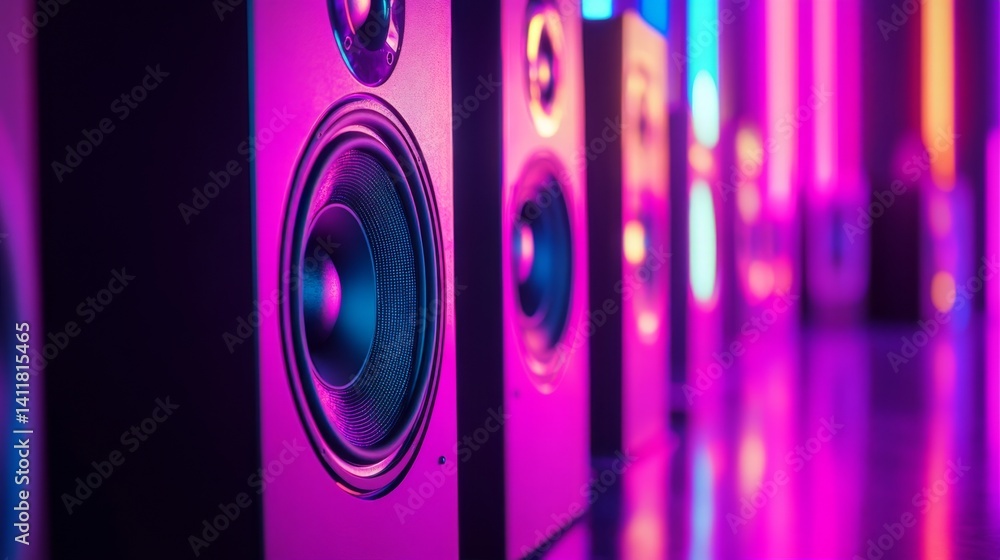 Poster row of dynamic audio speakers with vibrant neon light background and reflective surfaces creating a 