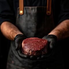 In the foreground, a butcher's gloved hands hold a large, raw, marbled steak, showcasing its rich texture and dark red color, against a black background.