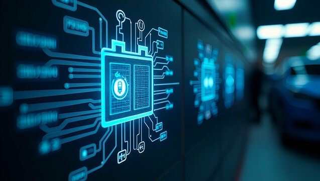 High quality photo stock image illustrating battery swapping technology with advanced digital analytics and modern automated systems for rapid battery exchange in electric vehicles in  Photo Stock  Co