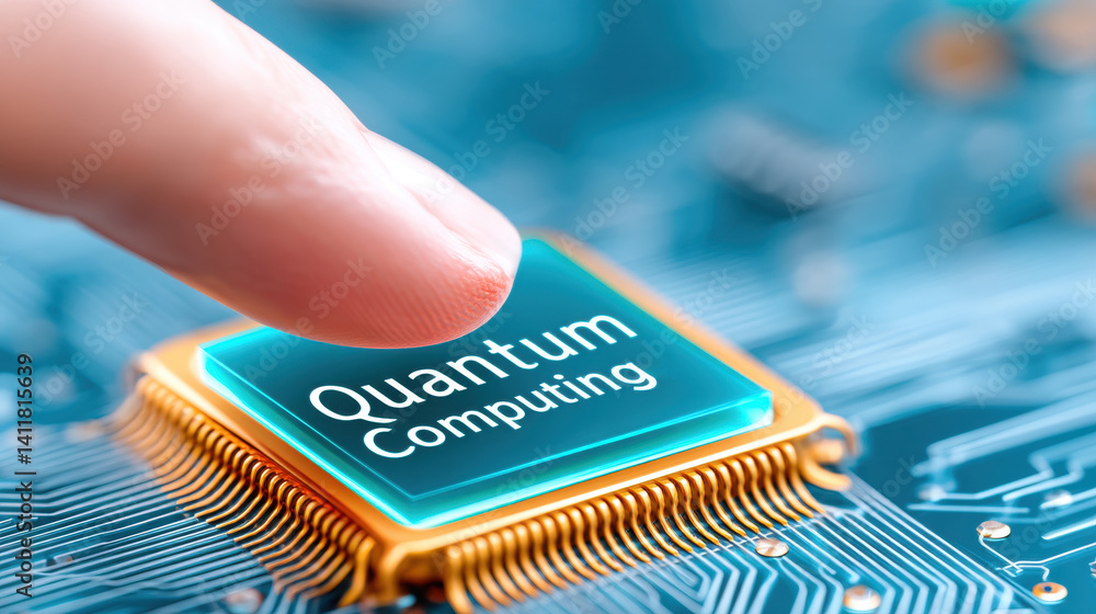 Poster a close-up of a finger touching a quantum computing chip, showcasing advanced technology and intrica