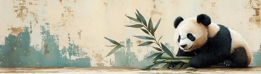 Fototapeta premium Cute Baby Panda Playing with Bamboo on a Textured Background in a Natural Setting