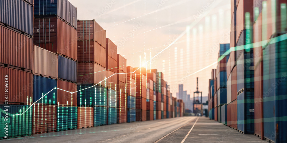 Poster efficient import and export operations index growth of global trade, showcasing vibrant shipping con