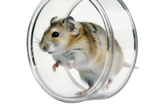 A curious little gerbil exploring its transparent habitat while playfully peering out during a sunny afternoon indoors isolated on transparent background