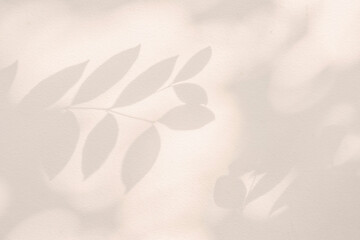Light and shadow pink beige pastel abstract background. Natural leaves shadows and sunshine diagonal refraction on white wall texture. Shadow overlay effect foliage mockup, banner graphic layout