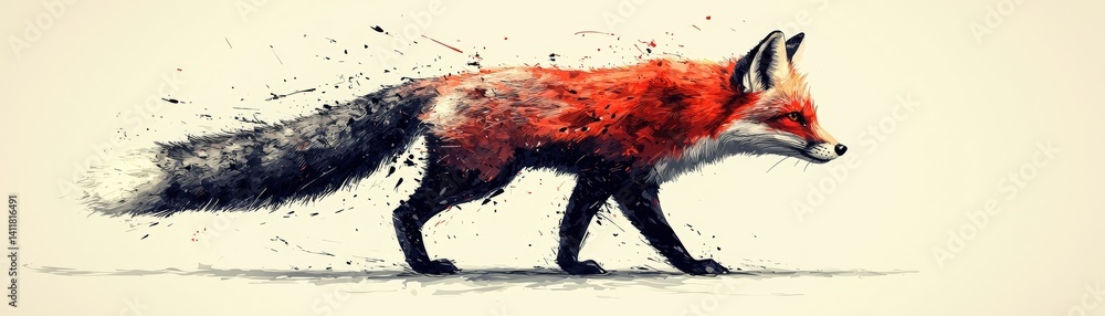 Poster colorful artistic representation of a fox with abstract paint splashes and dynamic movement