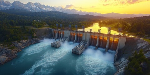 Fototapeta premium Beautiful natural energy hydropower dam, where nature and technology coexist in harmony. The power of water is harnessed while preserving the environment's pristine beauty
