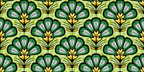 African ethnic traditional green pattern. seamless beautiful Kitenge, chitenge style. fashion design in colorful. Geometric flowers abstract motif. Floral Ankara prints, African wax prints.