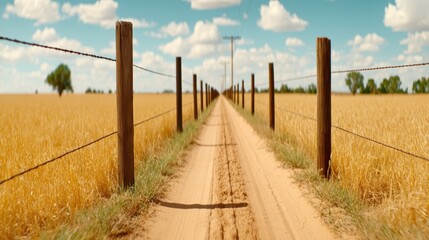 Fototapeta premium A serene dirt path bordered by wooden fence posts leads through golden fields under a bright blue sky with fluffy clouds.