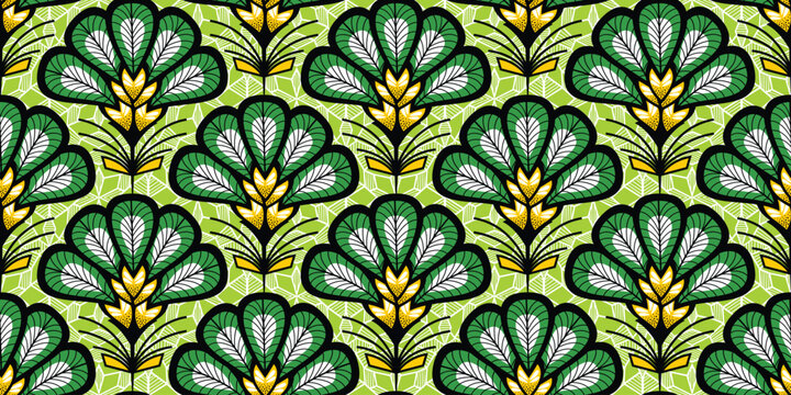 African ethnic traditional green pattern. seamless beautiful Kitenge, chitenge style. fashion design in colorful. Geometric flowers abstract motif. Floral Ankara prints, African wax prints.