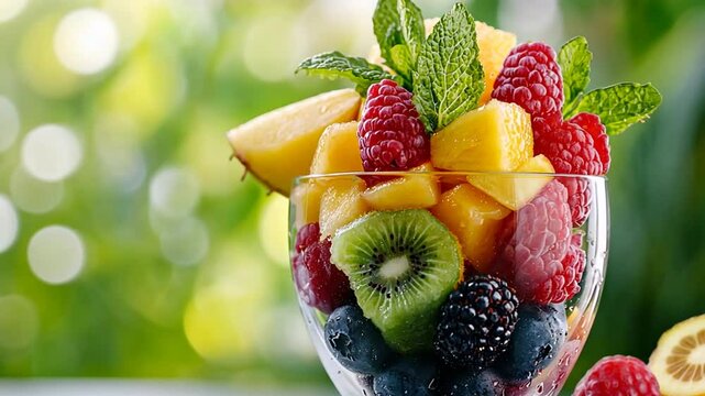 Colorful fruit salad in a clear glass bowl, featuring fresh berries and mint leaves, outdoors