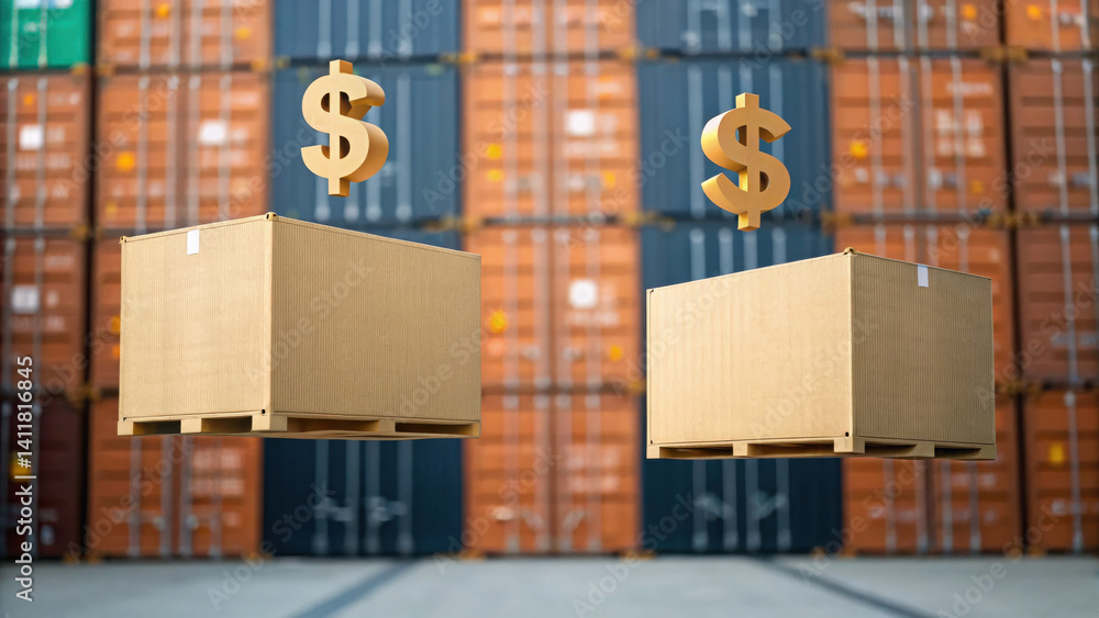 Poster shipping containers symbolize trade and commerce, showcasing import and index of goods in dynamic ma