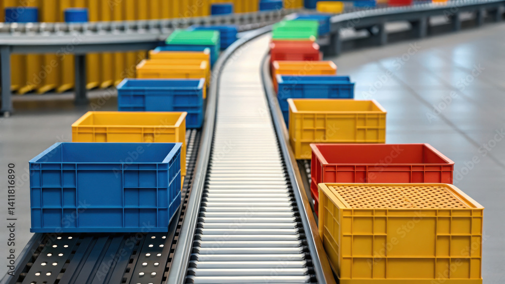 Aufkleber efficiently organized colorful crates on conveyor belt import goods to index for distribution in mod