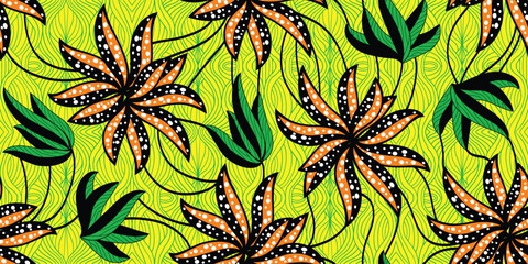 African ethnic traditional green pattern. seamless beautiful Kitenge, chitenge style. fashion design in colorful. Geometric flowers abstract motif. Orange Floral Ankara prints, African wax prints.