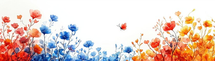 Obraz premium Colorful Watercolor Flowers and Butterfly Against Soft White Background in Vibrant Artwork