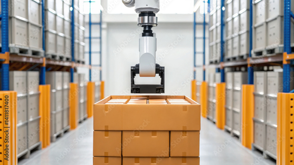 Poster automated robotic arm imports and indexes boxes in modern warehouse, showcasing efficiency and innov