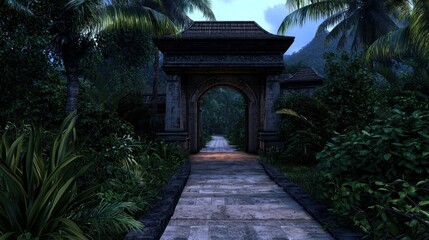 Fototapeta premium Tropical Archway Pathway at Dusk, Jungle Entrance