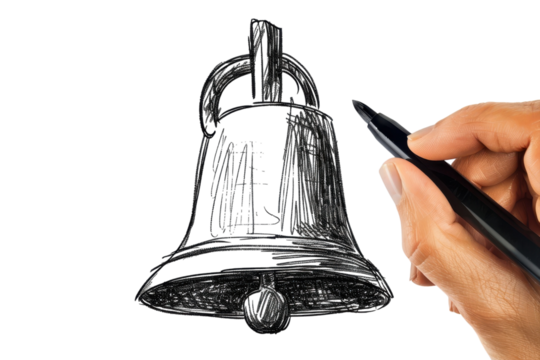 A hand sketching a detailed bell design on white paper using a black pen, showcasing artistic creativity and craftsmanship during daylight isolated on transparent background - Powered by Adobe
