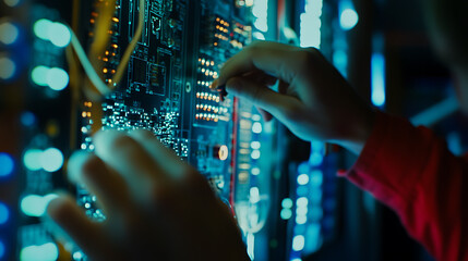 Electrician testing a circuit board in a control panel. Featuring expertise and safety