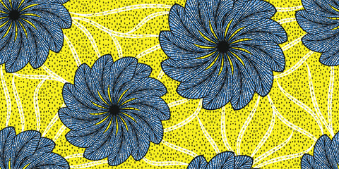 African ethnic traditional yellow pattern. seamless beautiful Kitenge, chitenge style. fashion design in colorful. Geometric Blue circle abstract motif. Floral Ankara prints, African wax prints.