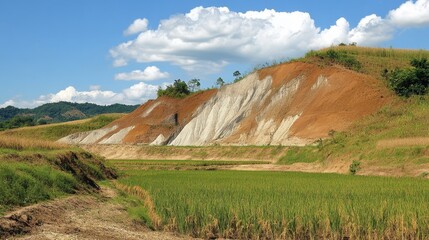 Fototapeta premium Limestone hills and rice fields near the entrance of Khao Nang Phanthurat Forest Park.